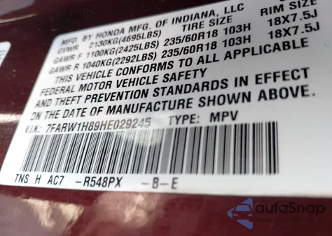 2017 Honda Cr-V Ex-L/Ex-L Navi from USA, damaged, VIN 7FARW1H89HE029245